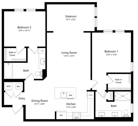Floor plan for 2 beds, 2 baths, 1283 sqft